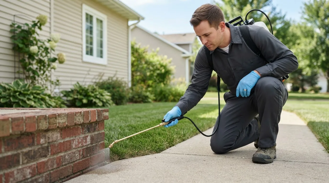 Pest control technician treating a home near East Freetown, MA