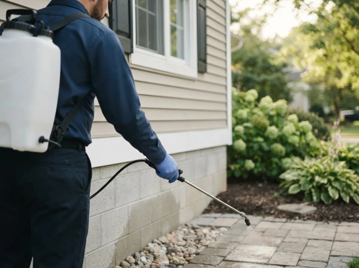 Pest control technician inspecting a home in East Freetown, MA